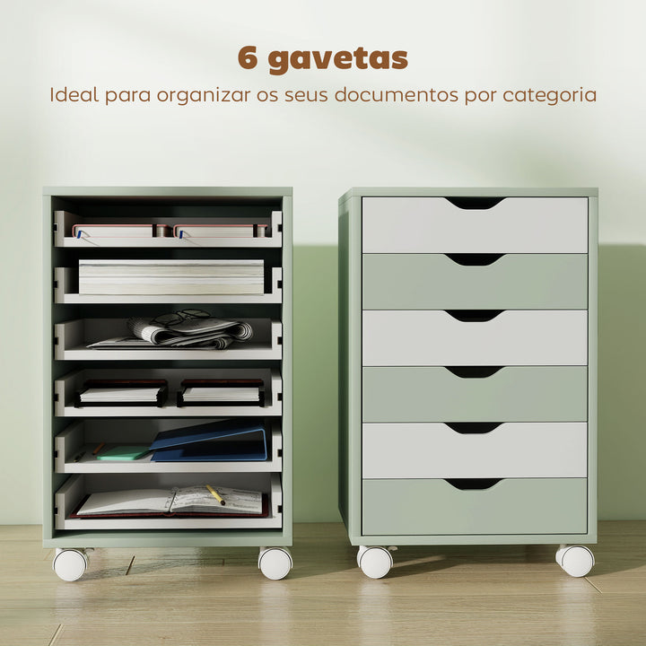 Bloco de Gavetas Móvel Arquivador com 6 Gavetas Suporte para Impressora com Rodas Guias Deslizantes Silenciosas para Escritório Casa 40x35x63 cm Verde e Branco