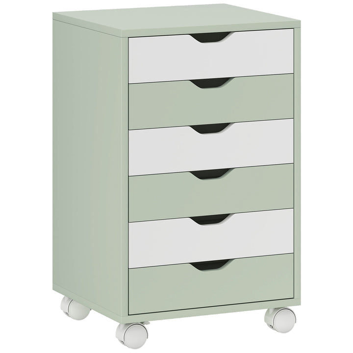 Bloco de Gavetas Móvel Arquivador com 6 Gavetas Suporte para Impressora com Rodas Guias Deslizantes Silenciosas para Escritório Casa 40x35x63 cm Verde e Branco