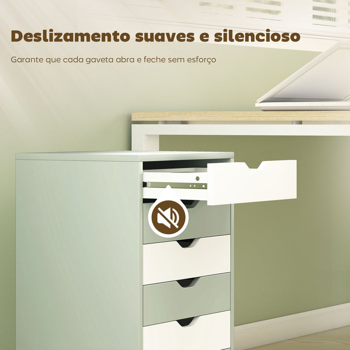 Bloco de Gavetas Móvel Arquivador com 6 Gavetas Suporte para Impressora com Rodas Guias Deslizantes Silenciosas para Escritório Casa 40x35x63 cm Verde e Branco