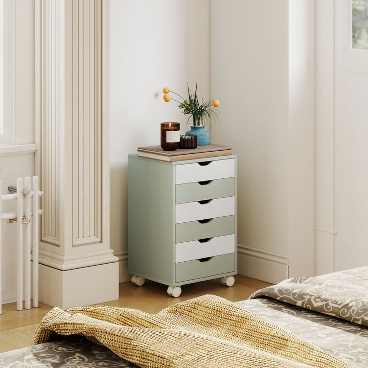 Bloco de Gavetas Móvel Arquivador com 6 Gavetas Suporte para Impressora com Rodas Guias Deslizantes Silenciosas para Escritório Casa 40x35x63 cm Verde e Branco