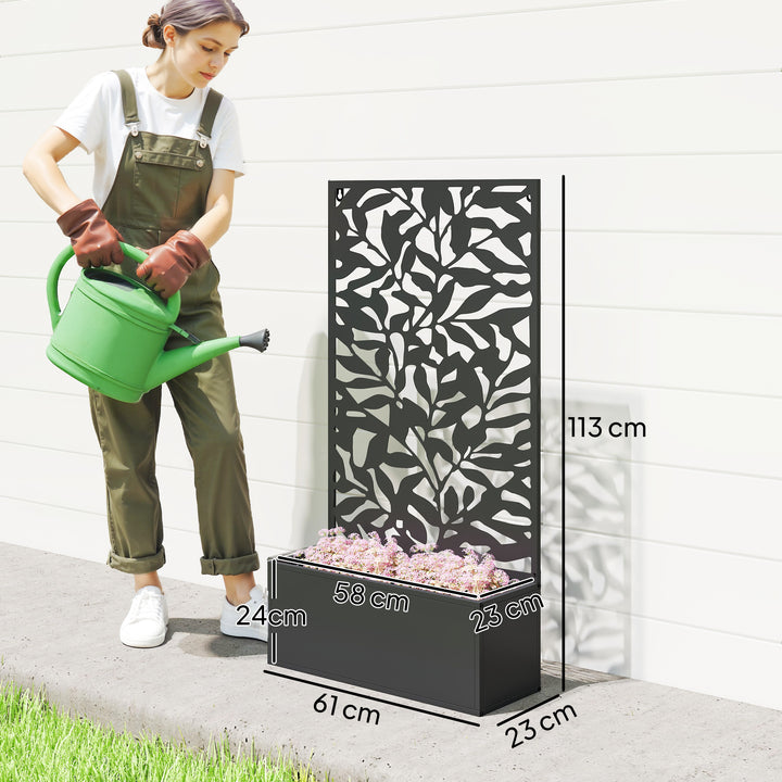 Floreira Exterior Grande de Metal com Painel de Privacidade de Folhas Sólidas Decorativas Floreira de Parede ou Independente para Jardim Terraço 61x23x113 cm Preto