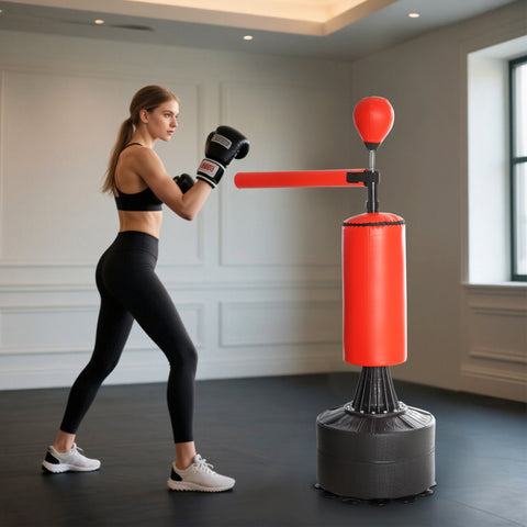 Saco de perfuração em pé com barra giratória e Bola de punção 360 ° para adultos e crianças 88x48x155-205 cm Preto e vermelho