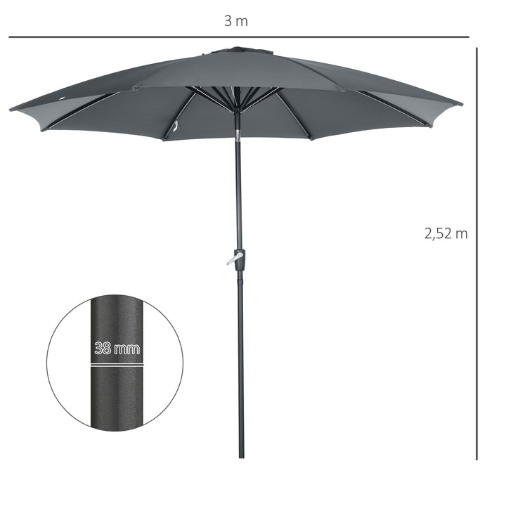 Chapéu de Sol Ø300x240 cm Chapéu de Sol a Manivela com Teto Inclinável e 8 Hastes de Metal para Pátio Varanda Exterior Cinza