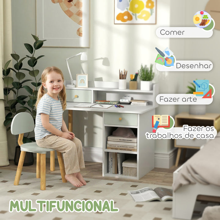 Conjunto de Secretária e Cadeira para Crianças acima de 3 Anos Mesa de Estudo com Prateleiras para Livros e Gaveta de Arrumação Carga 80 kg 85x48x73 cm Verde e Branco
