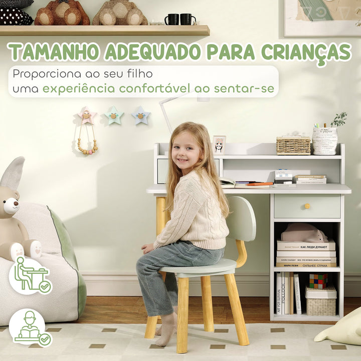 Conjunto de Secretária e Cadeira para Crianças acima de 3 Anos Mesa de Estudo com Prateleiras para Livros e Gaveta de Arrumação Carga 80 kg 85x48x73 cm Verde e Branco