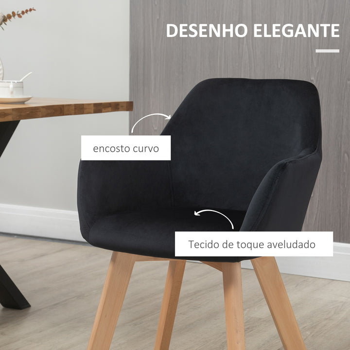 Conjunto de 2 Cadeiras de Sala de Jantar Modernas Cadeiras de Cozinha Estofadas em Veludo com Encosto Médio e Pés de Madeira de Borracha para Sala de Estar Carga 120kg 54x57x80cm Preto