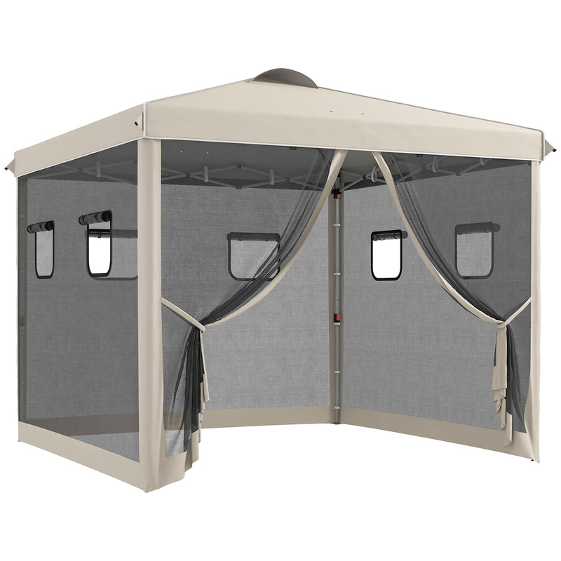 Tenda Dobrável 3x3 m Tenda de Jardim com Parede Lateral de Malha 6 Janelas Altura Ajustável em 3 Níveis Proteção UV30+ e Impermeável para Campismo Festas Bege