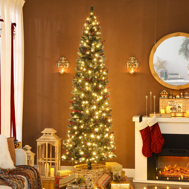 Árvore de Natal Slim 230 cm Árvore de Natal Artificial com Luzes LED Branco Quente 8 Modos de Iluminação 761 Ramos com Purpurina Prateada Pinhas Bagas e Suporte Metálico Verde