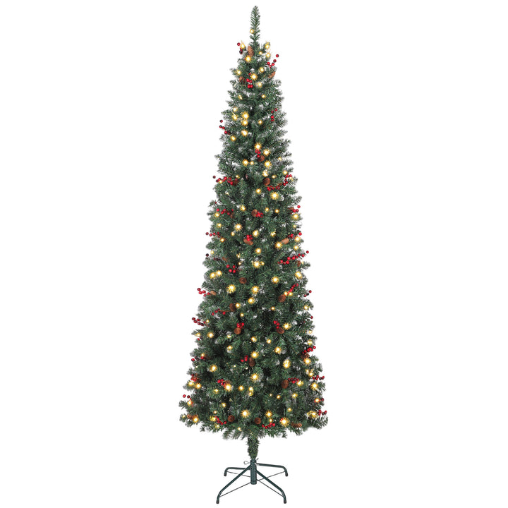 Árvore de Natal Slim 230 cm Árvore de Natal Artificial com Luzes LED Branco Quente 8 Modos de Iluminação 761 Ramos com Purpurina Prateada Pinhas Bagas e Suporte Metálico Verde