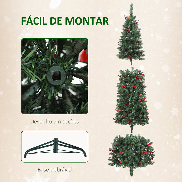 Árvore de Natal Slim 230 cm Árvore de Natal Artificial com Luzes LED Branco Quente 8 Modos de Iluminação 761 Ramos com Purpurina Prateada Pinhas Bagas e Suporte Metálico Verde