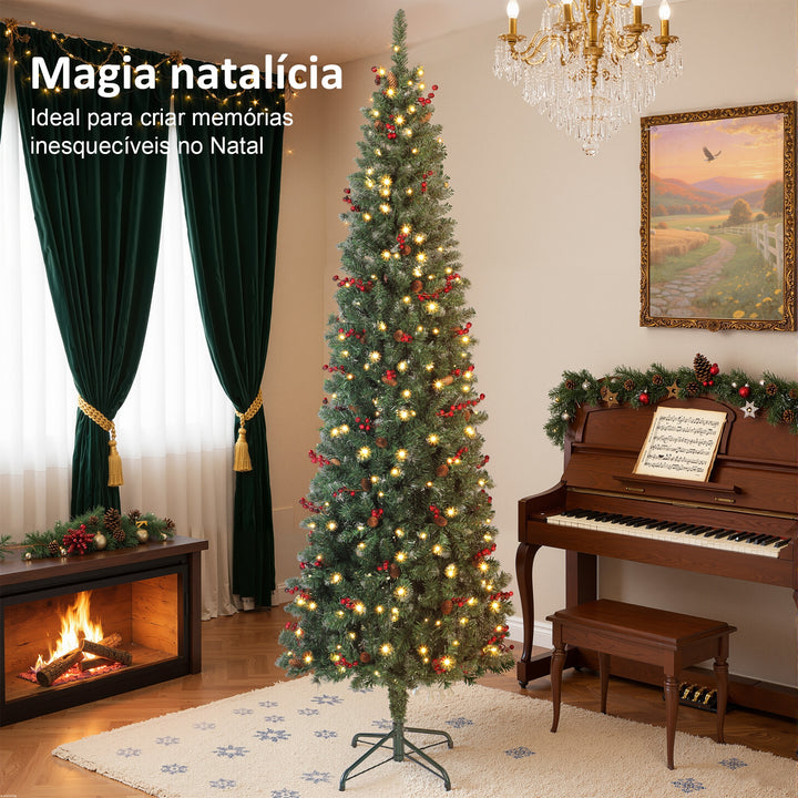 Árvore de Natal Slim 230 cm Árvore de Natal Artificial com Luzes LED Branco Quente 8 Modos de Iluminação 761 Ramos com Purpurina Prateada Pinhas Bagas e Suporte Metálico Verde