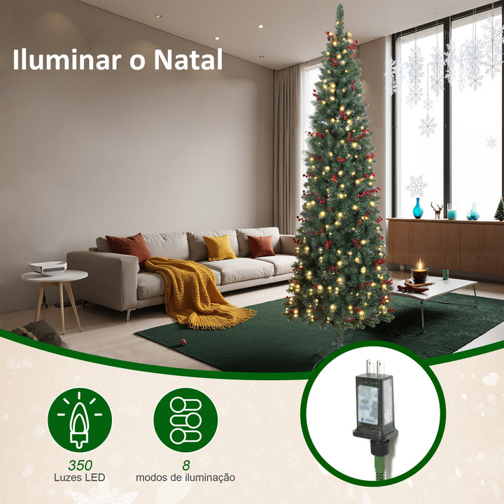 Árvore de Natal Slim 230 cm Árvore de Natal Artificial com Luzes LED Branco Quente 8 Modos de Iluminação 761 Ramos com Purpurina Prateada Pinhas Bagas e Suporte Metálico Verde