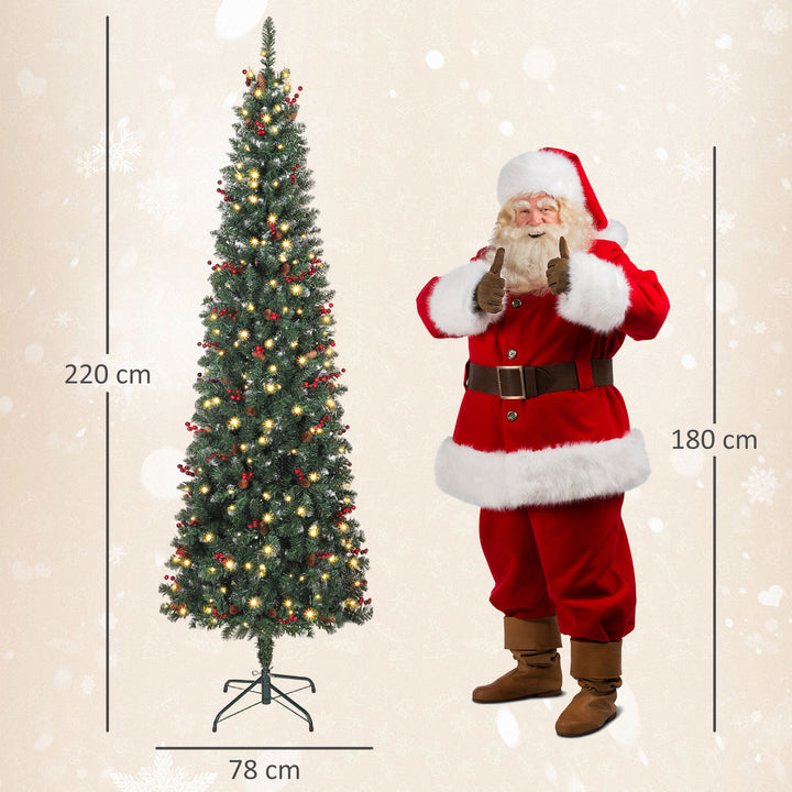 Árvore de Natal Slim 230 cm Árvore de Natal Artificial com Luzes LED Branco Quente 8 Modos de Iluminação 761 Ramos com Purpurina Prateada Pinhas Bagas e Suporte Metálico Verde