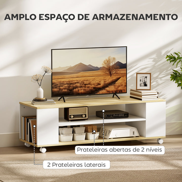 Móvel para TV com Rodas Armário para TV Flutuante com 2 Portas e 2 Prateleiras de Armazenamento para Televisores de até 55 Polegadas para Dormitório 120x40x38,5cm Branco e Madeira