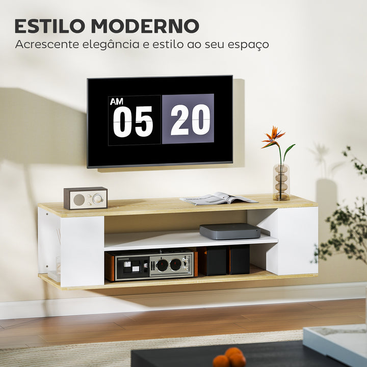 Móvel para TV com Rodas Armário para TV Flutuante com 2 Portas e 2 Prateleiras de Armazenamento para Televisores de até 55 Polegadas para Dormitório 120x40x38,5cm Branco e Madeira