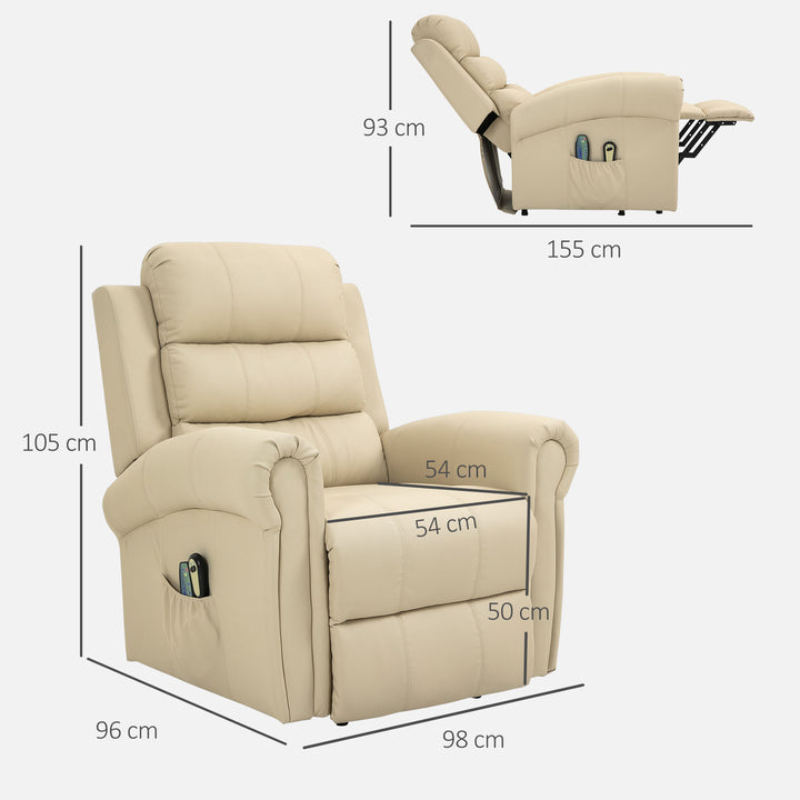 Poltrona Relax Reclinável Elétrica Levanta Pessoas com Massagem Vibratória e Aquecimento Poltrona Elevatória com Controlo Remoto Apoio para Pés Estofada em PU Bolsos Laterais 98x96x105 cm Creme