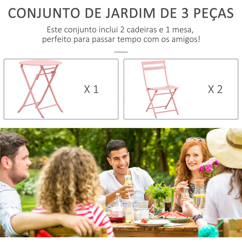 Conjunto de Móveis de Jardim Dobráveis Conjunto de 1 Mesa Redonda e 2 Cadeiras de Varanda com Estrutura de Aço para Pátio Rosa