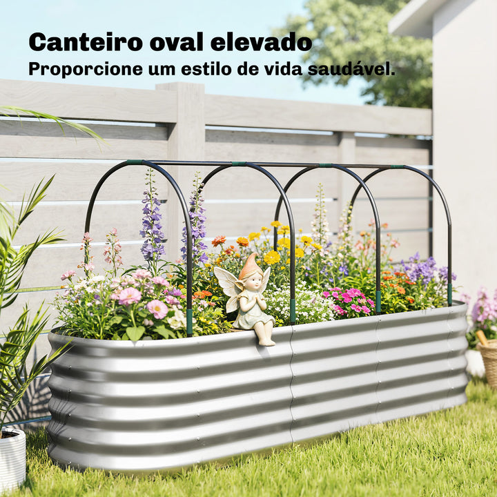 Caixa de Plantio Exterior Grande com Cobertura de Estufa e Rede Caixa de Cultivo de Aço Galvanizado com Fundo Aberto Resistente às Intempéries, para Jardim Terraço 200x60x103 cm Prateado