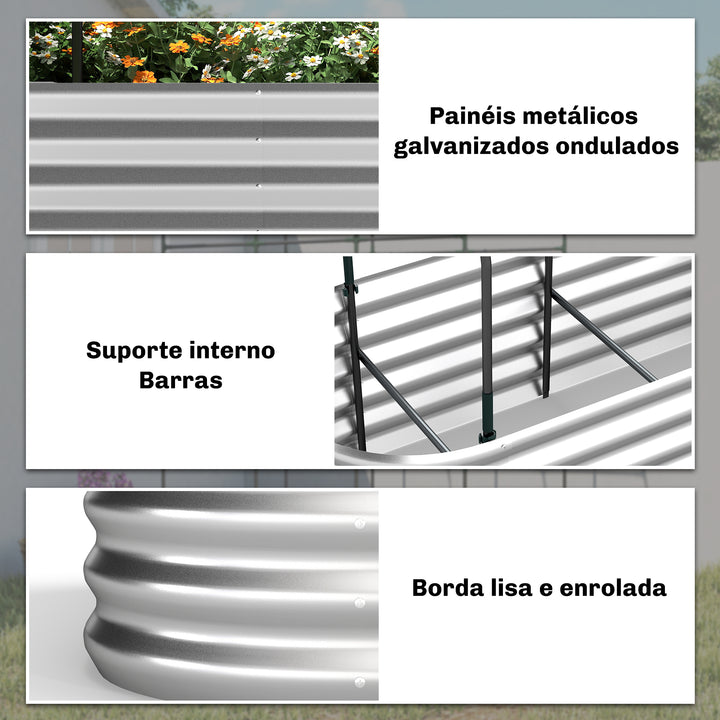 Caixa de Plantio Exterior Grande com Cobertura de Estufa e Rede Caixa de Cultivo de Aço Galvanizado com Fundo Aberto Resistente às Intempéries, para Jardim Terraço 200x60x103 cm Prateado