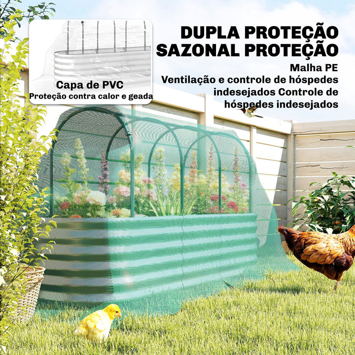 Caixa de Plantio Exterior Grande com Cobertura de Estufa e Rede Caixa de Cultivo de Aço Galvanizado com Fundo Aberto Resistente às Intempéries, para Jardim Terraço 200x60x103 cm Prateado