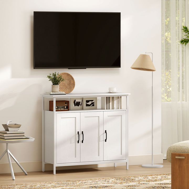 Aparador com 3 Portas Estilo Industrial com Compartimento Aberto Prateleiras Ajustáveis para Sala de Jantar Entrada Quarto 100x35x88 cm Branco