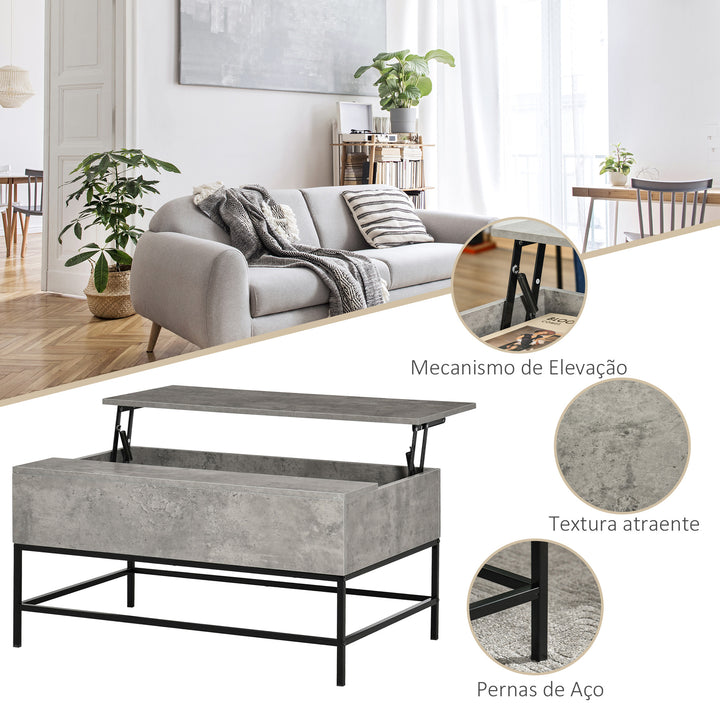 Mesa de Centro Elevável Mesa de Café Versátil com Armazenamento Oculto Pés de Metal para Sala de Estar Sala de Jantar 90x60,5x45,5 cm Cinzento e Preto