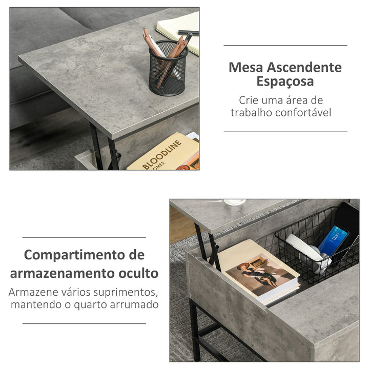 Mesa de Centro Elevável Mesa de Café Versátil com Armazenamento Oculto Pés de Metal para Sala de Estar Sala de Jantar 90x60,5x45,5 cm Cinzento e Preto
