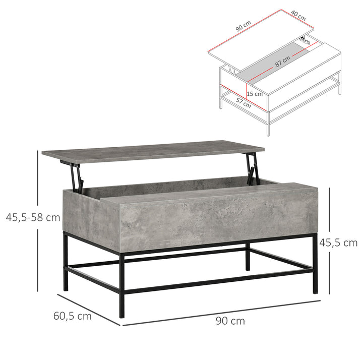 Mesa de Centro Elevável Mesa de Café Versátil com Armazenamento Oculto Pés de Metal para Sala de Estar Sala de Jantar 90x60,5x45,5 cm Cinzento e Preto