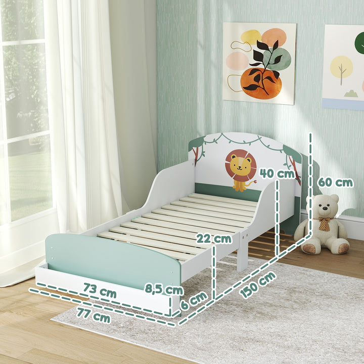 Cama Infantil 70x140 cm em Madeira com Armazenamento Proteção Antiqueda e Cabeceira com Desenho de Leã, Suporta 40 kg para Quarto Verde