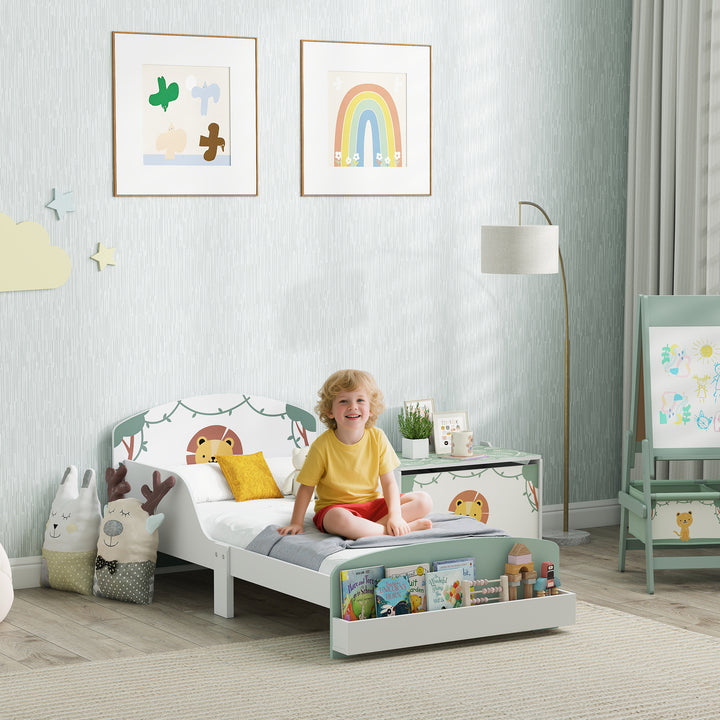 Cama Infantil 70x140 cm em Madeira com Armazenamento Proteção Antiqueda e Cabeceira com Desenho de Leã, Suporta 40 kg para Quarto Verde
