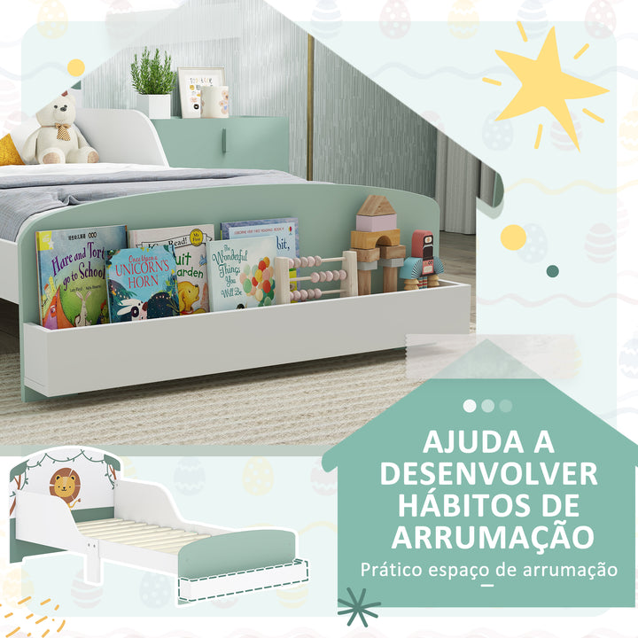 Cama Infantil 70x140 cm em Madeira com Armazenamento Proteção Antiqueda e Cabeceira com Desenho de Leã, Suporta 40 kg para Quarto Verde