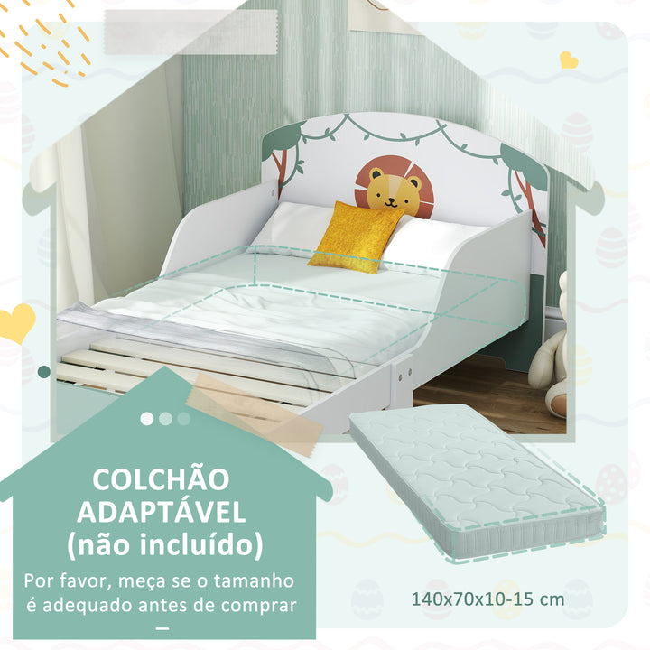 Cama Infantil 70x140 cm em Madeira com Armazenamento Proteção Antiqueda e Cabeceira com Desenho de Leã, Suporta 40 kg para Quarto Verde