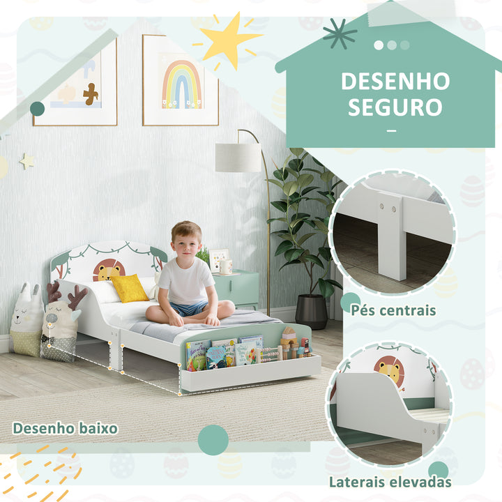 Cama Infantil 70x140 cm em Madeira com Armazenamento Proteção Antiqueda e Cabeceira com Desenho de Leã, Suporta 40 kg para Quarto Verde