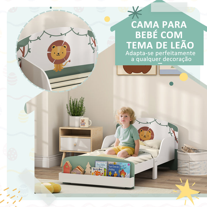 Cama Infantil 70x140 cm em Madeira com Armazenamento Proteção Antiqueda e Cabeceira com Desenho de Leã, Suporta 40 kg para Quarto Verde