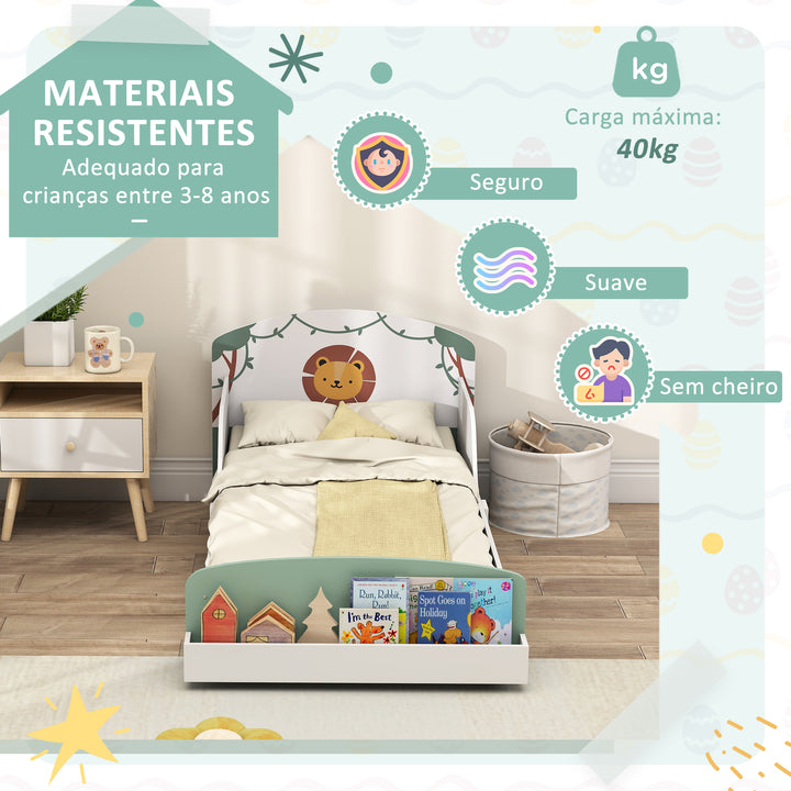 Cama Infantil 70x140 cm em Madeira com Armazenamento Proteção Antiqueda e Cabeceira com Desenho de Leã, Suporta 40 kg para Quarto Verde