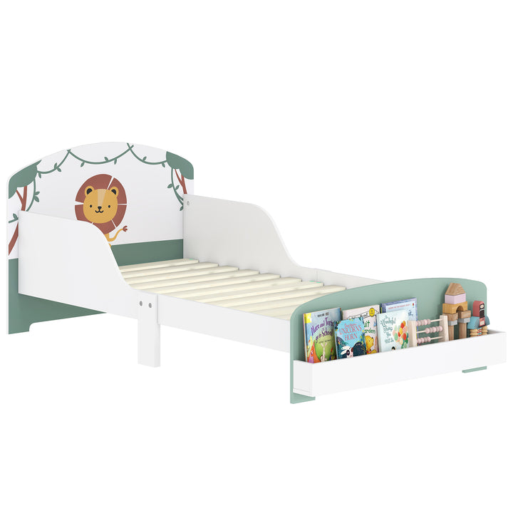 Cama Infantil 70x140 cm em Madeira com Armazenamento Proteção Antiqueda e Cabeceira com Desenho de Leã, Suporta 40 kg para Quarto Verde