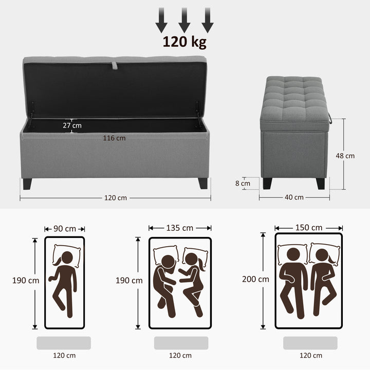 Puff de Armazenamento Banco 112L Estofado em Linho com 2 Dobradiças de Segurança Tampa Rebatível e Assento com Capitonê para Quarto Sala de Estar Entrada Carga 120 kg 120x40x48 cm Cinza Escuro
