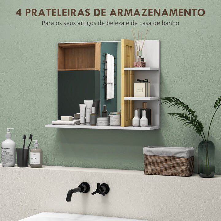 Espelho de Casa de Banho Espelho de Parede Moderno e Retangular com 4 Prateleiras de Armazenamento para Maquilhagem Vestuário 45x15x58,5 cm Branco
