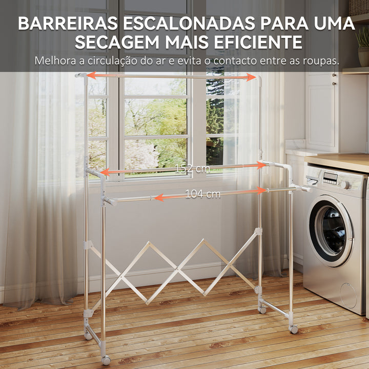 Estendal Vertical Dobrável de 3 Níveis Estendal de Aço Inoxidável com 3 Barras Ajustáveis e Extensíveis 4 Rodas para Interior 104-150x103x145-197 cm Prateado