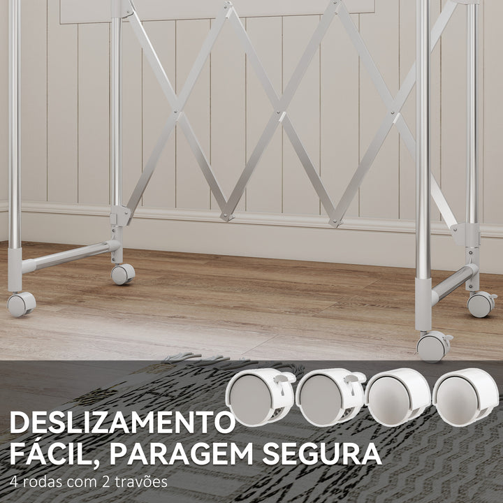 Estendal Vertical Dobrável de 3 Níveis Estendal de Aço Inoxidável com 3 Barras Ajustáveis e Extensíveis 4 Rodas para Interior 104-150x103x145-197 cm Prateado