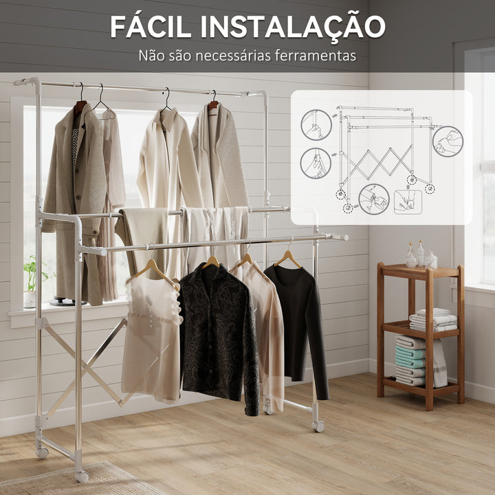 Estendal Vertical Dobrável de 3 Níveis Estendal de Aço Inoxidável com 3 Barras Ajustáveis e Extensíveis 4 Rodas para Interior 104-150x103x145-197 cm Prateado