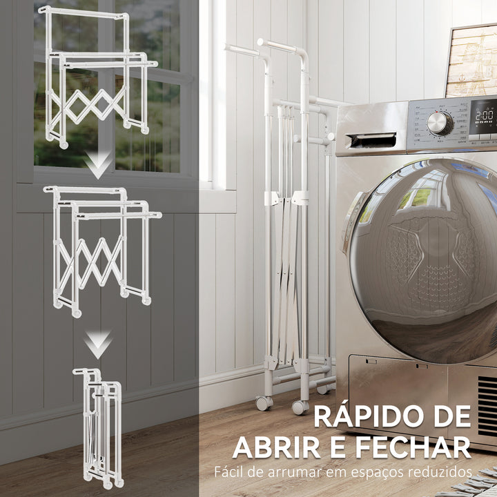 Estendal Vertical Dobrável de 3 Níveis Estendal de Aço Inoxidável com 3 Barras Ajustáveis e Extensíveis 4 Rodas para Interior 104-150x103x145-197 cm Prateado