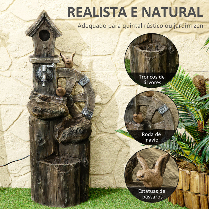 Fonte de Jardim 2 em 1 com Casa para Pássaros Fonte de Água de Exterior com Luzes LED Bomba Fonte Decorativa com Troncos de Árvore Multicor