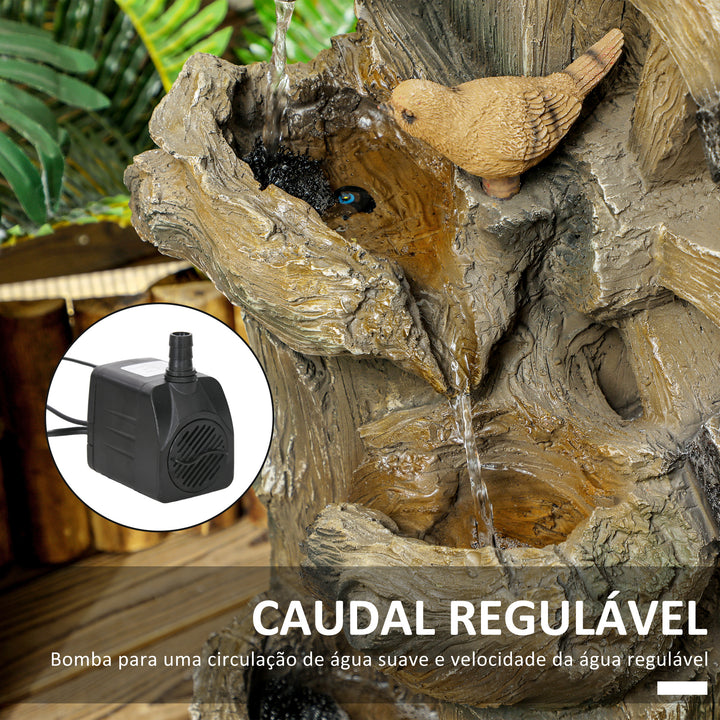 Fonte de Jardim 2 em 1 com Casa para Pássaros Fonte de Água de Exterior com Luzes LED Bomba Fonte Decorativa com Troncos de Árvore Multicor