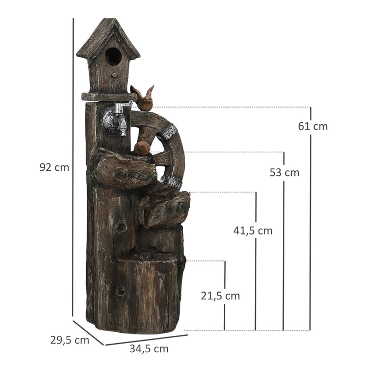 Fonte de Jardim 2 em 1 com Casa para Pássaros Fonte de Água de Exterior com Luzes LED Bomba Fonte Decorativa com Troncos de Árvore Multicor