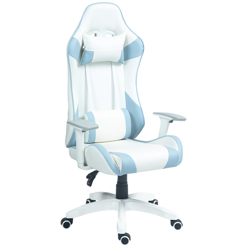 Cadeira Gaming Reclinável Cadeira Gamer Giratória com Almofada Lombar Apoios de Braços Ajustáveis Apoio de Cabeça Basculante e Altura Ajustável para Escritório 67x60x120-128 cm Branco e Azul