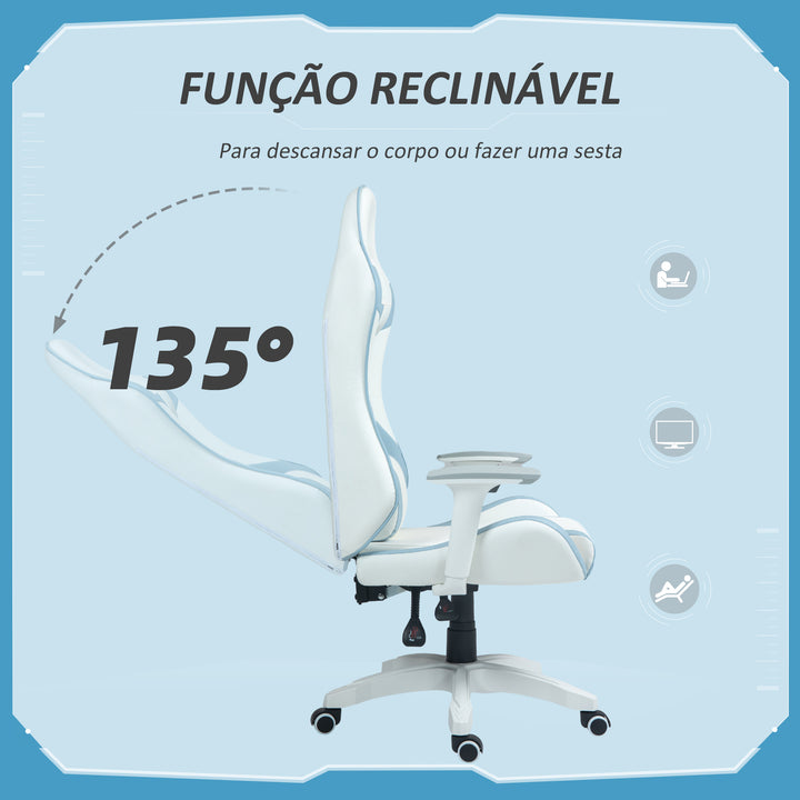 Cadeira Gaming Reclinável Cadeira Gamer Giratória com Almofada Lombar Apoios de Braços Ajustáveis Apoio de Cabeça Basculante e Altura Ajustável para Escritório 67x60x120-128 cm Branco e Azul