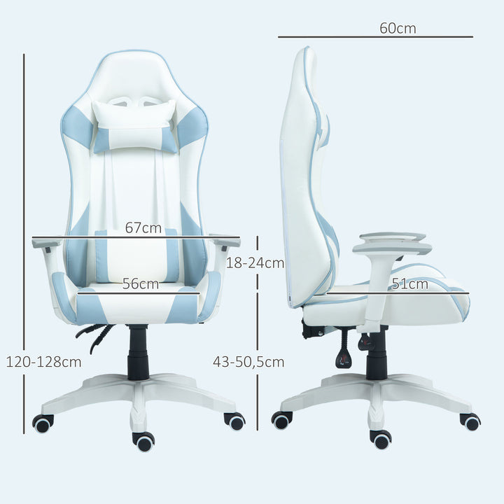 Cadeira Gaming Reclinável Cadeira Gamer Giratória com Almofada Lombar Apoios de Braços Ajustáveis Apoio de Cabeça Basculante e Altura Ajustável para Escritório 67x60x120-128 cm Branco e Azul