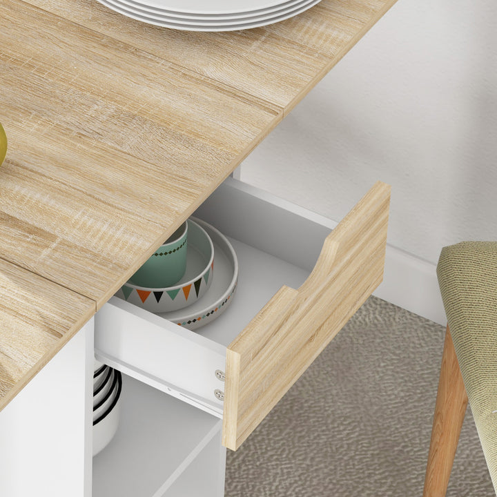 Mesa de Cozinha Dobrável Mesa de Sala de Jantar com Rodas Laterais Rebatíveis Gaveta e Prateleiras Mesa Dobrável para 2-4 Pessoas 120x72x75 cm Madeira e Branco