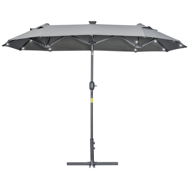 Chapéu de Sol Duplo 295x150x219 cm Chapéu de Sol de Jardim com Luzes LED Solares Teto com Inclinação Ajustável e Manivela Manual para Pátio Piscina Praia Cinza